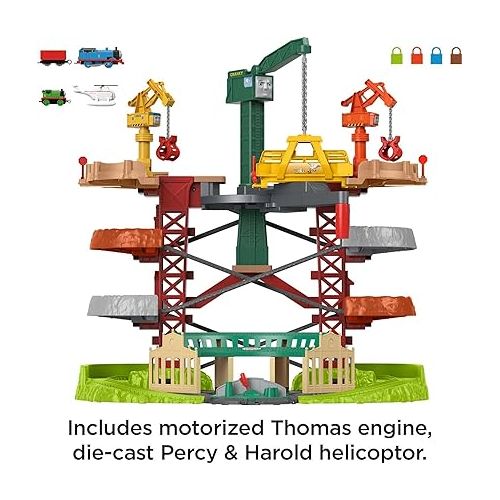  Thomas & Friends Multi-Level Track Set Trains & Cranes Super Tower with Thomas & Percy Engines plus Harold for Preschool Kids Ages 3+ Years (Amazon Exclusive)