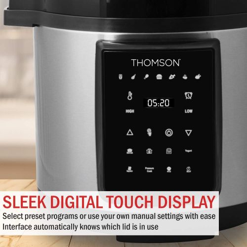  [아마존베스트]Thomson TFPC607 9-in-1 Pressure, Slow Cooker, Air Fryer and More | Dual Lid with 6.5 QT Capacity, Digital Touch Display, Included Cooking Accessories, Stainless Steel
