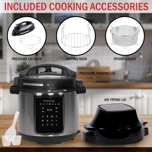  [아마존베스트]Thomson TFPC607 9-in-1 Pressure, Slow Cooker, Air Fryer and More | Dual Lid with 6.5 QT Capacity, Digital Touch Display, Included Cooking Accessories, Stainless Steel