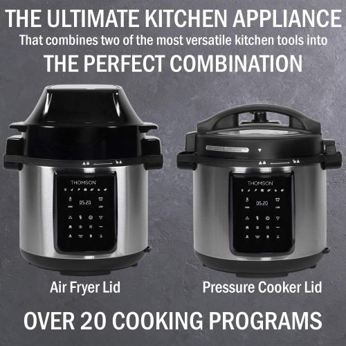  [아마존베스트]Thomson TFPC607 9-in-1 Pressure, Slow Cooker, Air Fryer and More | Dual Lid with 6.5 QT Capacity, Digital Touch Display, Included Cooking Accessories, Stainless Steel