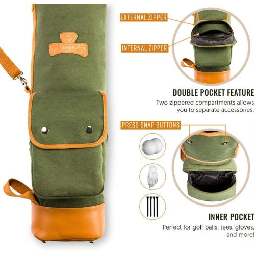  Thorza Sunday Golf Bag for Men and Women, Vintage Canvas and Leather, Stores Balls, Tees, and Clubs for 18 Holes, Zippered Pockets, Lightweight with Carry Handle and Shoulder Strap