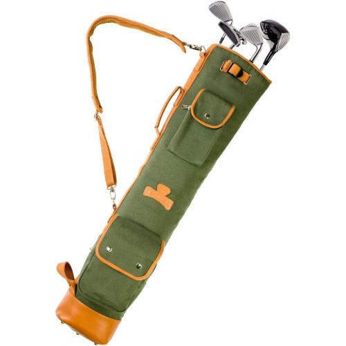  Thorza Sunday Golf Bag for Men and Women, Vintage Canvas and Leather, Stores Balls, Tees, and Clubs for 18 Holes, Zippered Pockets, Lightweight with Carry Handle and Shoulder Strap