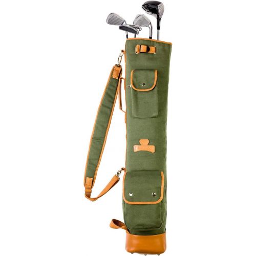  Thorza Sunday Golf Bag for Men and Women, Vintage Canvas and Leather, Stores Balls, Tees, and Clubs for 18 Holes, Zippered Pockets, Lightweight with Carry Handle and Shoulder Strap