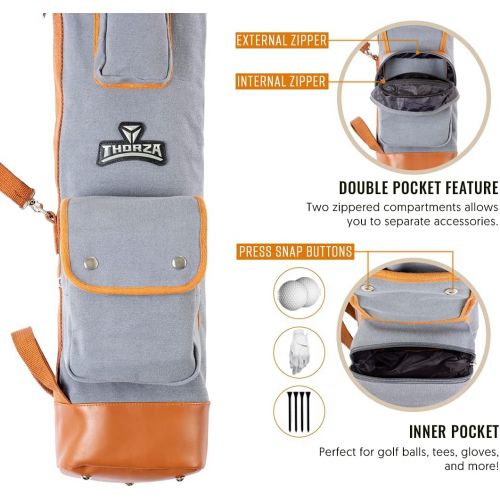  Thorza Sunday Golf Bag for Men and Women - Vintage Canvas and Leather Stores Balls, Tees, and Clubs ? 2 Zippered Pockets, Name Tag ID and Leather Tee Holder - Lightweight and Elega