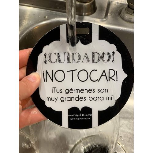  THREE LITTLE TOTS  Spanish No Touching Baby Car Seat Sign or Stroller Tag  Spanish on Front  English on Back - CPSIA Safety Tested