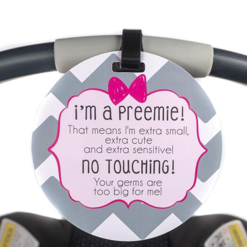  Three Little Tots Preemie Gift Pink Preemie Chevron Tag - Im A Preemie, That Means Im Extra Small, Extra Cute and Extra Sensitive, No Touching Your Germs are Too Big for Me (Girl Preemie Car Seat Si