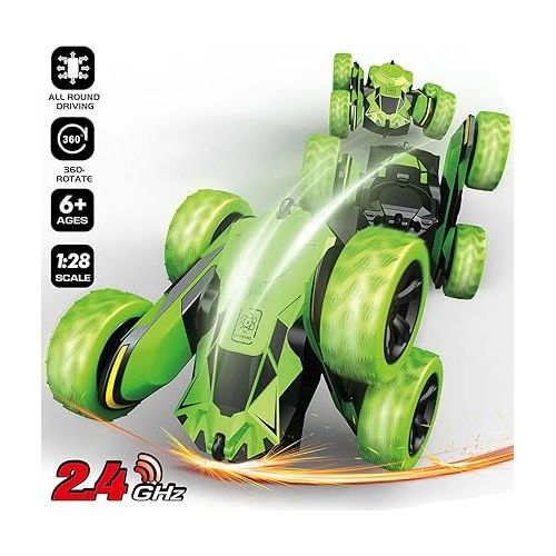  Threeking RC Stunt Cars Remote Control Car Double-Sided Driving 360-degree Flips Rotating Car Toy, Green