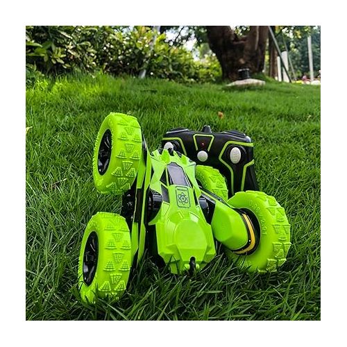  Threeking RC Stunt Cars Remote Control Car Double-Sided Driving 360-degree Flips Rotating Car Toy, Green