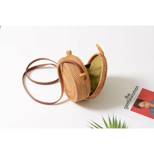  ThusFar Handwoven Round Rattan Bag Shoulder Leather Straps Natural Chic Hand