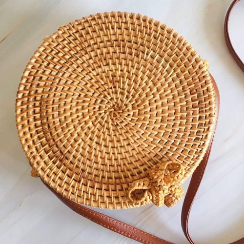  ThusFar Handwoven Round Rattan Bag Shoulder Leather Straps Natural Chic Hand