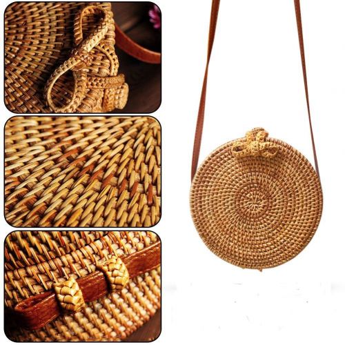  ThusFar Handwoven Round Rattan Bag Shoulder Leather Straps Natural Chic Hand