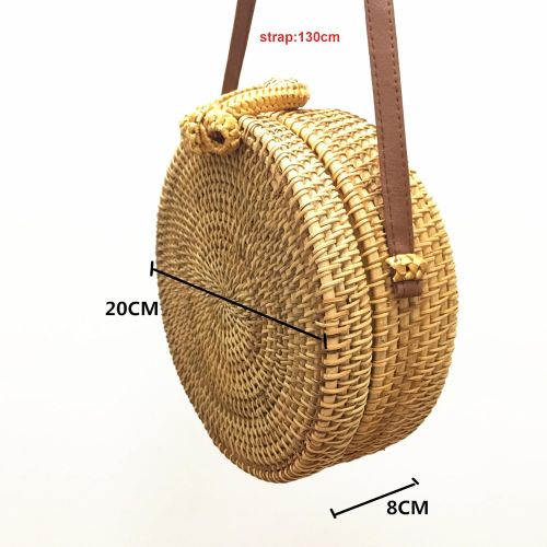  ThusFar Handwoven Round Rattan Bag Shoulder Leather Straps Natural Chic Hand