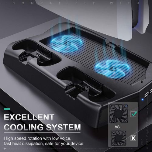  [아마존베스트]TiMOVO Vertical Stand with Cooling Fan for PS5 Digital Edition/Ultra HD, Vertical Stand Cooler & Dual Controller Charging Station Dock with 14 Retractable Game Slots for Playstatio