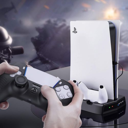  [아마존베스트]TiMOVO Vertical Stand with Cooling Fan for PS5 Digital Edition/Ultra HD, Vertical Stand Cooler & Dual Controller Charging Station Dock with 14 Retractable Game Slots for Playstatio