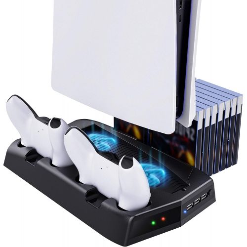  [아마존베스트]TiMOVO Vertical Stand with Cooling Fan for PS5 Digital Edition/Ultra HD, Vertical Stand Cooler & Dual Controller Charging Station Dock with 14 Retractable Game Slots for Playstatio