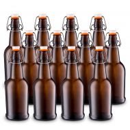 Home Brewing Glass Beer Bottle with Easy Wire Swing Cap & Airtight Rubber Seal -Amber- 16oz - Case of 12 - by Tiabo