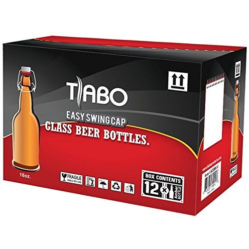  Home Brewing Glass Beer Bottle with Easy Wire Swing Cap & Airtight Rubber Seal -Amber- 16oz - Case of 12 - by Tiabo