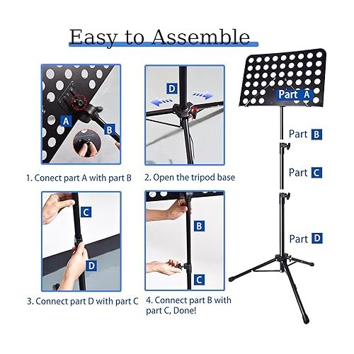  Music Stand, Sheet Music Stand High Stability, Height Adjustable Music Stand for Sheet Music with Carrying Bag, Lightweight Portable Music Book Holder(1 Pack music sheet stand, White)