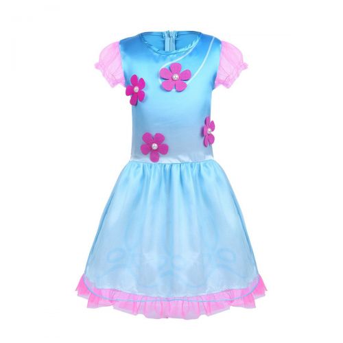  TiaoBug Kids Girls Princess Poppy Trolls Costume Short Bubble Sleeves Dress with Wig Fancy Outfits Halloween Party Cosplay