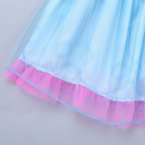  TiaoBug Kids Girls Princess Poppy Trolls Costume Short Bubble Sleeves Dress with Wig Fancy Outfits Halloween Party Cosplay