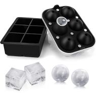 Ticent Ice Cube Trays Ice-Ball-Molds (Set of 2) - Silicone Sphere Ice Ball Maker with Lid & Large Square Molds for Whiskey, Cocktail & Brandy