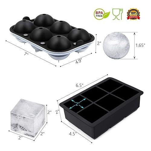  Ticent Ice Cube Trays Ice-Ball-Molds (Set of 2) - Silicone Sphere Ice Ball Maker with Lid & Large Square Molds for Whiskey, Cocktail & Brandy