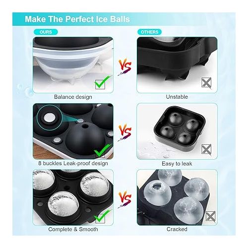  Ticent Ice Cube Trays Ice-Ball-Molds (Set of 2) - Silicone Sphere Ice Ball Maker with Lid & Large Square Molds for Whiskey, Cocktail & Brandy