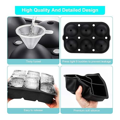  Ticent Ice Cube Trays Ice-Ball-Molds (Set of 2) - Silicone Sphere Ice Ball Maker with Lid & Large Square Molds for Whiskey, Cocktail & Brandy