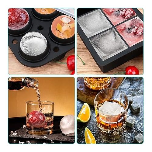  Ticent Ice Cube Trays Ice-Ball-Molds (Set of 2) - Silicone Sphere Ice Ball Maker with Lid & Large Square Molds for Whiskey, Cocktail & Brandy