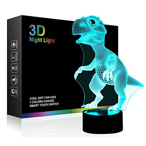  [아마존베스트]Dinosaur 3D Night Light Touch Activated Desk Lamp, Ticent 7 Colors 3D Optical Illusion Lights with Acrylic Flat, ABS Base & USB Charger for Christmas Kids Gifts