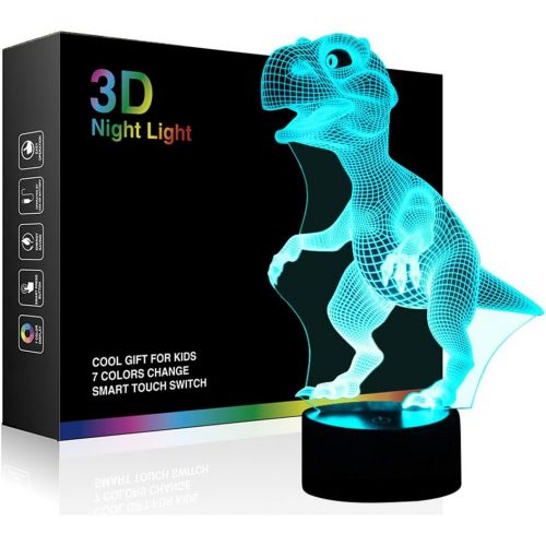  [아마존베스트]Dinosaur 3D Night Light Touch Activated Desk Lamp, Ticent 7 Colors 3D Optical Illusion Lights with Acrylic Flat, ABS Base & USB Charger for Christmas Kids Gifts