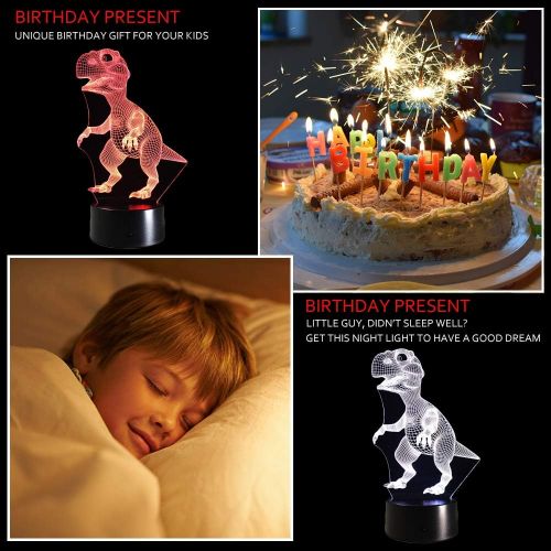  [아마존베스트]Dinosaur 3D Night Light Touch Activated Desk Lamp, Ticent 7 Colors 3D Optical Illusion Lights with Acrylic Flat, ABS Base & USB Charger for Christmas Kids Gifts