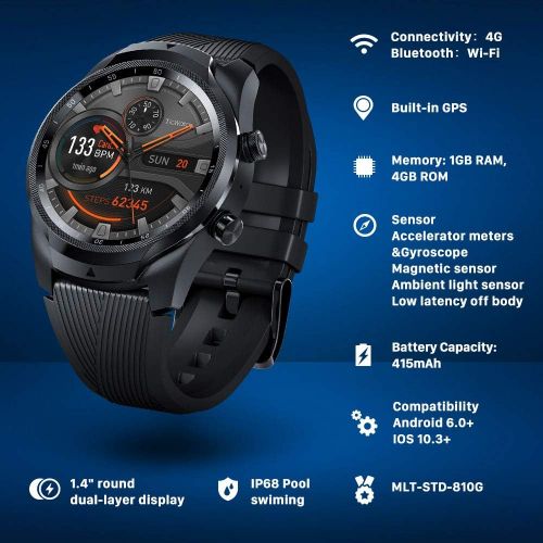  [아마존베스트]Ticwatch Pro 4G/LTE, Dual Display Smartwatch, Swim-Ready, Long Battery Life, Cellular Connectivity for Verizon Phone Plan Users Available, Only Available in US