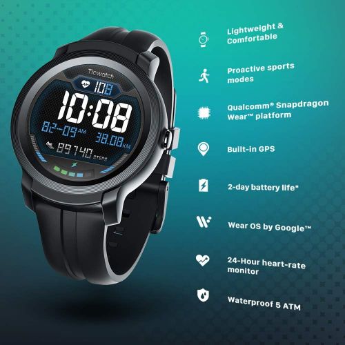  [아마존베스트]Ticwatch E2, Waterproof Smartwatch with 24 Hours Heart Rate Monitor, Wear OS by Google, Compatible with Android and iOS