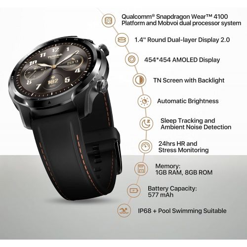  TicWatch Pro 3 GPS Smart Watch Mens Wear OS Watch Qualcomm Snapdragon Wear 4100 Platform Health Fitness Monitor 3-45 Days Battery Life GPS NFC Heart Rate Sleep Tracking IP68 Waterp