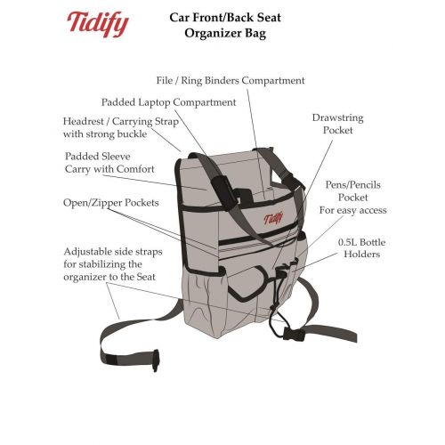  Tidify Car Front Seat Organizer with Dedicated Tablet/Laptop Storage, Stabilizing Side Straps, Soft Adjustable Shoulder Strap and Hardened Buckles - Your Office Away from Office