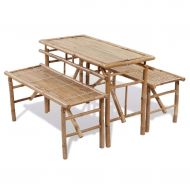 Tidyard Outdoor Patio Folding Bamboo Bar Dining Set with 2 Benches, 3 Piece Picnic Table Set