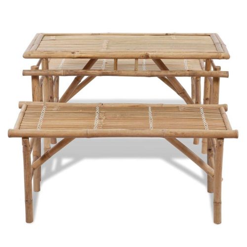  Tidyard Outdoor Patio Folding Bamboo Bar Dining Set with 2 Benches, 3 Piece Picnic Table Set