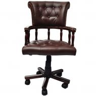 Tidyard Chesterfield Chair Captains Swivel Real Leather Adjustable Brown Wooden Frame + Leather Upholstery for Office or Home