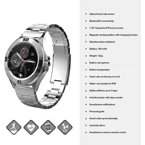  Tiger Smartwatch Stainless Steel Silver with Touch Screen for AndroidIOS, with Microphone and Speaker