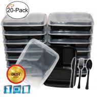 Tiger Chef TigerChef 0026-NC333B@20PCS 3 Compartment Bento Lunch Box, Rectangular Microwave Safe Food Container with Airtight Lid, BPA-Free, Divided Plate with Cover, 32 oz, Black (Pack of 20