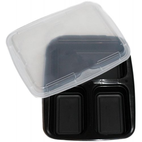  Tiger Chef TigerChef 0026-NC333B@20PCS 3 Compartment Bento Lunch Box, Rectangular Microwave Safe Food Container with Airtight Lid, BPA-Free, Divided Plate with Cover, 32 oz, Black (Pack of 20