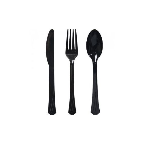  Tiger Chef Plastic Cutlery Set Heavy Duty Colored Plastic Silverware - Includes 96 Forks, 96 Teaspoons, and 96 Knives (Black, 288)