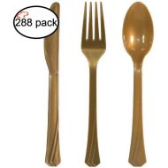 [아마존 핫딜]  [아마존핫딜]Tiger Chef Plastic Cutlery Set Heavy Duty Colored Plastic Silverware - Includes 96 Forks, 96 Teaspoons, and 96 Knives (Gold, 288)
