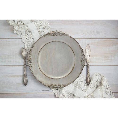  Tiger Chef 12-Piece 13-inch Royal Antiqued White Round Vintage Dinner Charger For Plates, Wedding Reception Chargers Plate Chargers For Table Settings Disposable Hard Round Heavywe