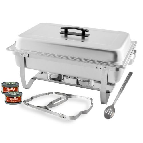  TigerChef 8 Quart Full Size Stainless Steel Chafer with Folding Frame and Cool-Touch Plastic on top - Includes 2 Free Chafing Gels and Slotted Serving Spoon (1, 8 Quart Chafer)