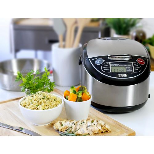  Tiger Corporation Tiger JAX-T10U-K 5.5-Cup (Uncooked) Micom Rice Cooker with Food Steamer & Slow Cooker, Stainless Steel Black