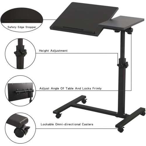  [아마존베스트]TigerDad Overbed Bedside Desk Mobile Rolling Laptop Stand Tilting Overbed Table with Wheels Height Adjustable Tray Table for Laptop Bed Sofa Side Table (Black)