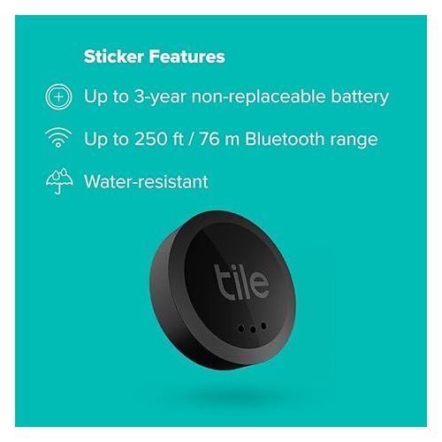 Tile Sticker 1-Pack. Small Bluetooth Tracker, Remote Finder and Item Locator, Pets and More; Up to 250 ft. Range. Water-Resistant. Phone Finder. iOS and Android Compatible, Black