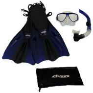Tilos Silicone Mask, Purge Snorkel, Adjustable Open Heel Snorkeling Fins with Mesh Bag Set, Blue, L/XL